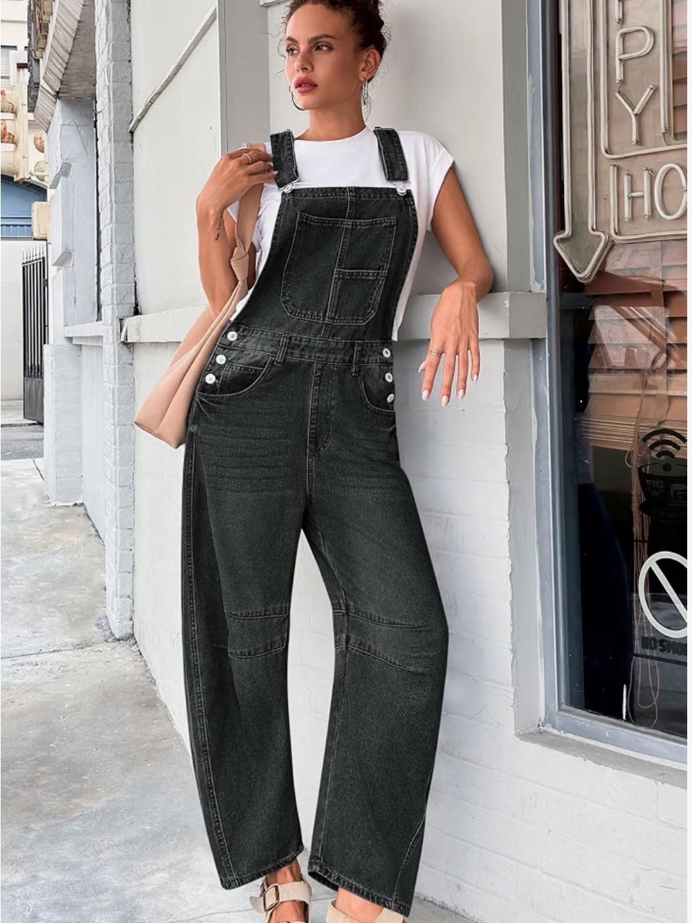 Washed Black Denim Overalls - Women